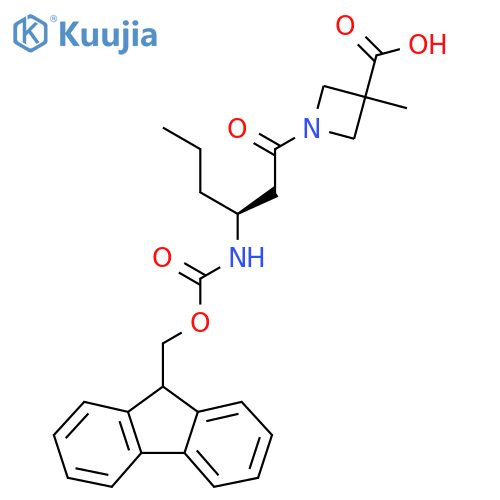 1-(3S)-3-({(9H-fluoren-9-yl)methoxycarbonyl}amino)hexanoyl-3-methylazetidine-3-carboxylic acid structure