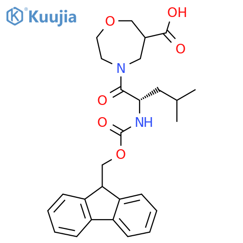 4-(2S)-2-({(9H-fluoren-9-yl)methoxycarbonyl}amino)-4-methylpentanoyl-1,4-oxazepane-6-carboxylic acid structure
