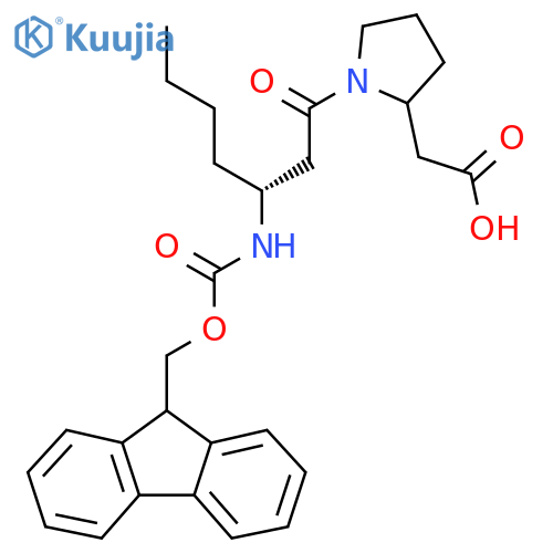 2-{1-(3R)-3-({(9H-fluoren-9-yl)methoxycarbonyl}amino)heptanoylpyrrolidin-2-yl}acetic acid structure