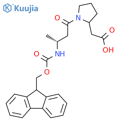2-{1-(3R)-3-({(9H-fluoren-9-yl)methoxycarbonyl}amino)butanoylpyrrolidin-2-yl}acetic acid structure