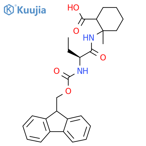 2-(2S)-2-({(9H-fluoren-9-yl)methoxycarbonyl}amino)butanamido-2-methylcyclohexane-1-carboxylic acid structure