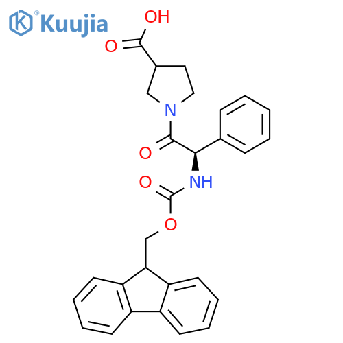 1-(2R)-2-({(9H-fluoren-9-yl)methoxycarbonyl}amino)-2-phenylacetylpyrrolidine-3-carboxylic acid structure