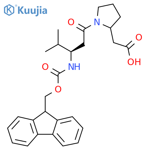 2-{1-(3R)-3-({(9H-fluoren-9-yl)methoxycarbonyl}amino)-4-methylpentanoylpyrrolidin-2-yl}acetic acid structure