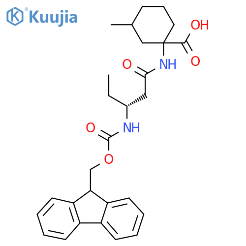 1-(3R)-3-({(9H-fluoren-9-yl)methoxycarbonyl}amino)pentanamido-3-methylcyclohexane-1-carboxylic acid structure