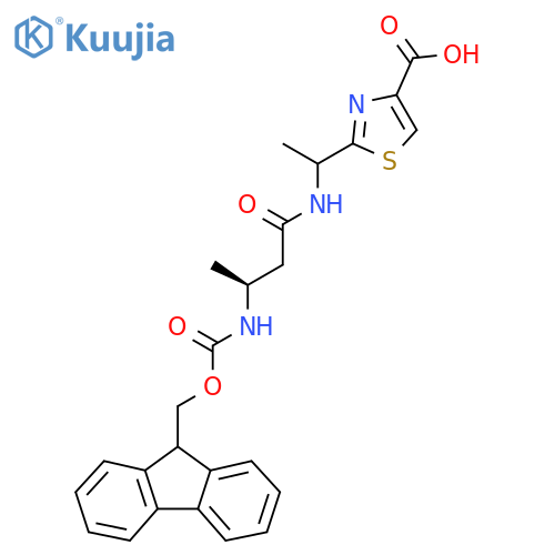 2-{1-(3S)-3-({(9H-fluoren-9-yl)methoxycarbonyl}amino)butanamidoethyl}-1,3-thiazole-4-carboxylic acid structure