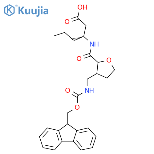 (3R)-3-({3-({(9H-fluoren-9-yl)methoxycarbonyl}amino)methyloxolan-2-yl}formamido)hexanoic acid structure