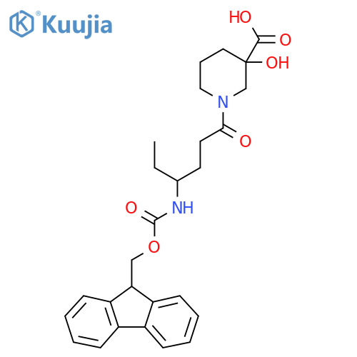 1-4-({(9H-fluoren-9-yl)methoxycarbonyl}amino)hexanoyl-3-hydroxypiperidine-3-carboxylic acid structure