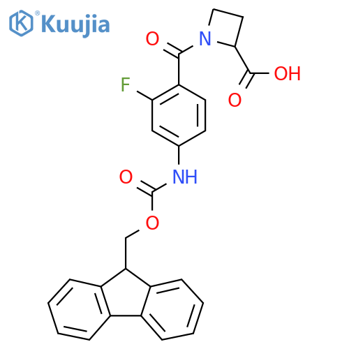 1-4-({(9H-fluoren-9-yl)methoxycarbonyl}amino)-2-fluorobenzoylazetidine-2-carboxylic acid structure
