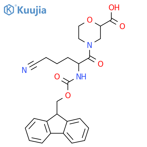 4-5-cyano-2-({(9H-fluoren-9-yl)methoxycarbonyl}amino)pentanoylmorpholine-2-carboxylic acid structure