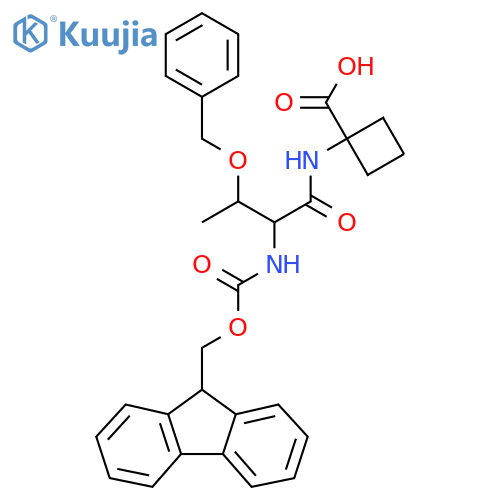 1-3-(benzyloxy)-2-({(9H-fluoren-9-yl)methoxycarbonyl}amino)butanamidocyclobutane-1-carboxylic acid structure