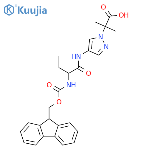 2-{4-2-({(9H-fluoren-9-yl)methoxycarbonyl}amino)butanamido-1H-pyrazol-1-yl}-2-methylpropanoic acid structure