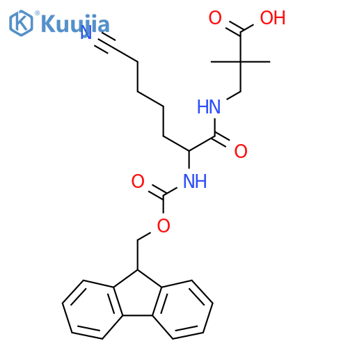 3-6-cyano-2-({(9H-fluoren-9-yl)methoxycarbonyl}amino)hexanamido-2,2-dimethylpropanoic acid structure
