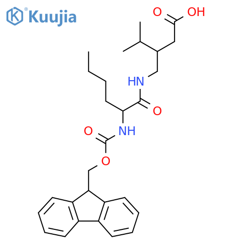 3-{2-({(9H-fluoren-9-yl)methoxycarbonyl}amino)hexanamidomethyl}-4-methylpentanoic acid structure
