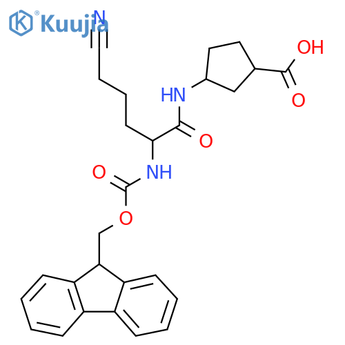 3-5-cyano-2-({(9H-fluoren-9-yl)methoxycarbonyl}amino)pentanamidocyclopentane-1-carboxylic acid structure