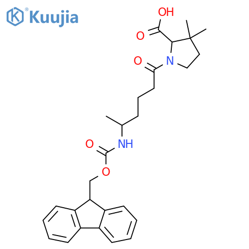 1-5-({(9H-fluoren-9-yl)methoxycarbonyl}amino)hexanoyl-3,3-dimethylpyrrolidine-2-carboxylic acid structure