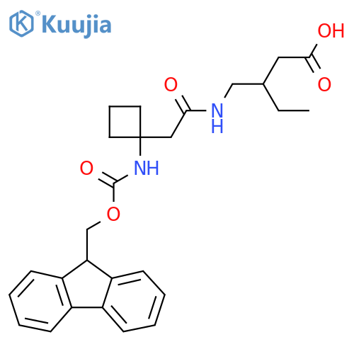 3-({2-1-({(9H-fluoren-9-yl)methoxycarbonyl}amino)cyclobutylacetamido}methyl)pentanoic acid structure