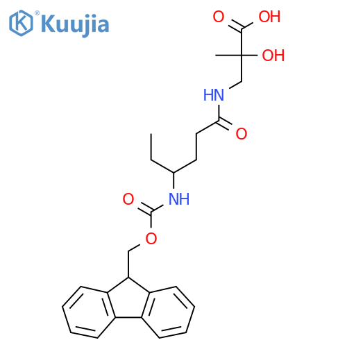 3-4-({(9H-fluoren-9-yl)methoxycarbonyl}amino)hexanamido-2-hydroxy-2-methylpropanoic acid structure