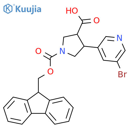 4-(5-bromopyridin-3-yl)-1-{(9H-fluoren-9-yl)methoxycarbonyl}pyrrolidine-3-carboxylic acid structure