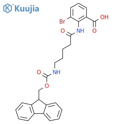3-bromo-2-5-({(9H-fluoren-9-yl)methoxycarbonyl}amino)pentanamidobenzoic acid structure