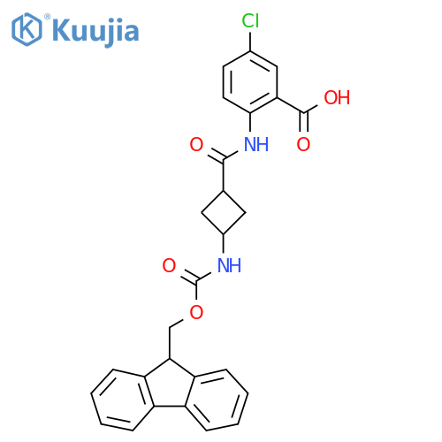 5-chloro-2-3-({(9H-fluoren-9-yl)methoxycarbonyl}amino)cyclobutaneamidobenzoic acid structure
