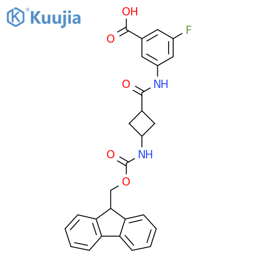 3-[3-({[(9H-fluoren-9-yl)methoxy]carbonyl}amino)cyclobutaneamido]-5-fluorobenzoic acid structure