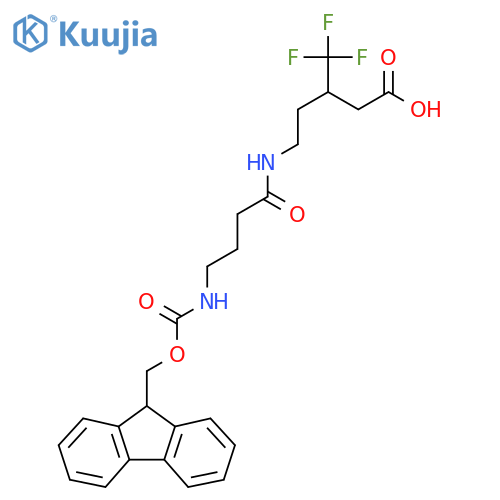 5-4-({(9H-fluoren-9-yl)methoxycarbonyl}amino)butanamido-3-(trifluoromethyl)pentanoic acid structure
