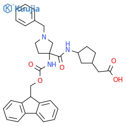 2-{3-1-benzyl-3-({(9H-fluoren-9-yl)methoxycarbonyl}amino)pyrrolidine-3-amidocyclopentyl}acetic acid structure