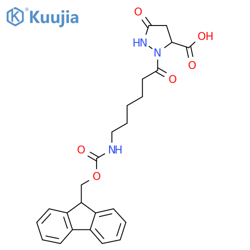2-6-({(9H-fluoren-9-yl)methoxycarbonyl}amino)hexanoyl-5-oxopyrazolidine-3-carboxylic acid structure