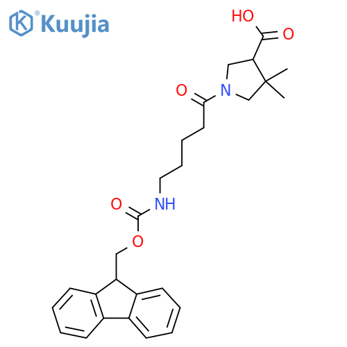 1-5-({(9H-fluoren-9-yl)methoxycarbonyl}amino)pentanoyl-4,4-dimethylpyrrolidine-3-carboxylic acid structure