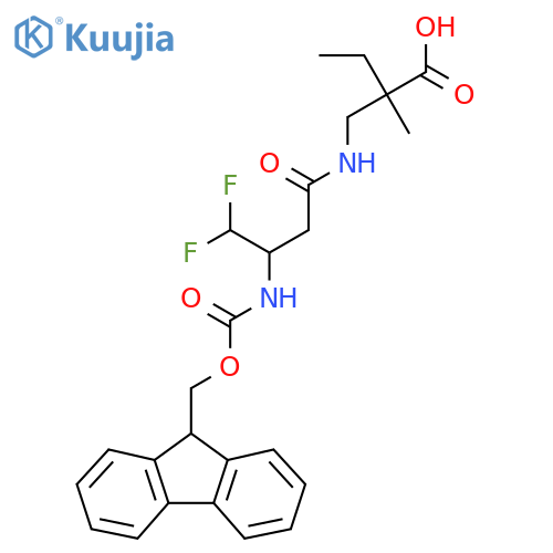 2-{3-({(9H-fluoren-9-yl)methoxycarbonyl}amino)-4,4-difluorobutanamidomethyl}-2-methylbutanoic acid structure