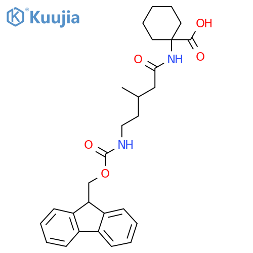 1-5-({(9H-fluoren-9-yl)methoxycarbonyl}amino)-3-methylpentanamidocyclohexane-1-carboxylic acid structure