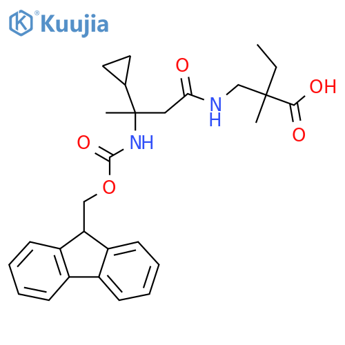 2-{3-cyclopropyl-3-({(9H-fluoren-9-yl)methoxycarbonyl}amino)butanamidomethyl}-2-methylbutanoic acid structure