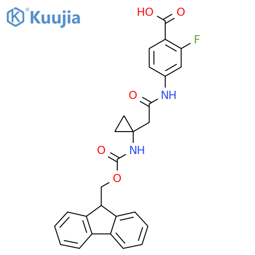 4-{2-1-({(9H-fluoren-9-yl)methoxycarbonyl}amino)cyclopropylacetamido}-2-fluorobenzoic acid structure