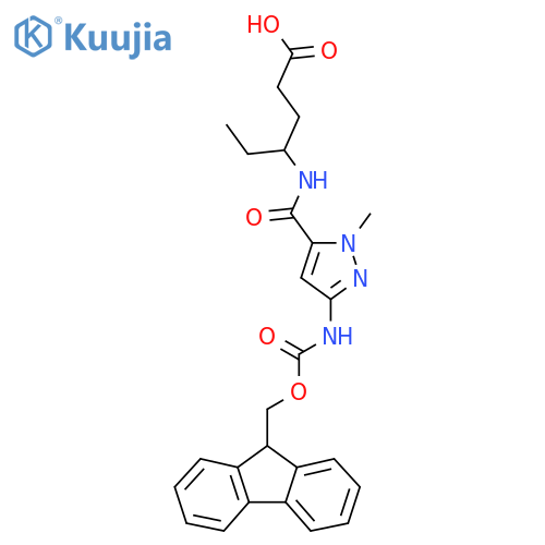 4-{3-({(9H-fluoren-9-yl)methoxycarbonyl}amino)-1-methyl-1H-pyrazol-5-ylformamido}hexanoic acid structure