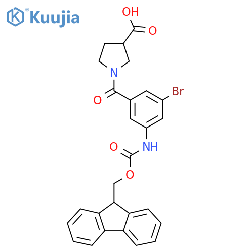1-3-bromo-5-({(9H-fluoren-9-yl)methoxycarbonyl}amino)benzoylpyrrolidine-3-carboxylic acid structure