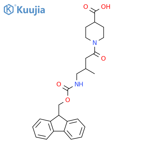 1-4-({(9H-fluoren-9-yl)methoxycarbonyl}amino)-3-methylbutanoylpiperidine-4-carboxylic acid structure