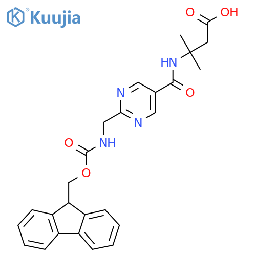 3-({2-({(9H-fluoren-9-yl)methoxycarbonyl}amino)methylpyrimidin-5-yl}formamido)-3-methylbutanoic acid structure