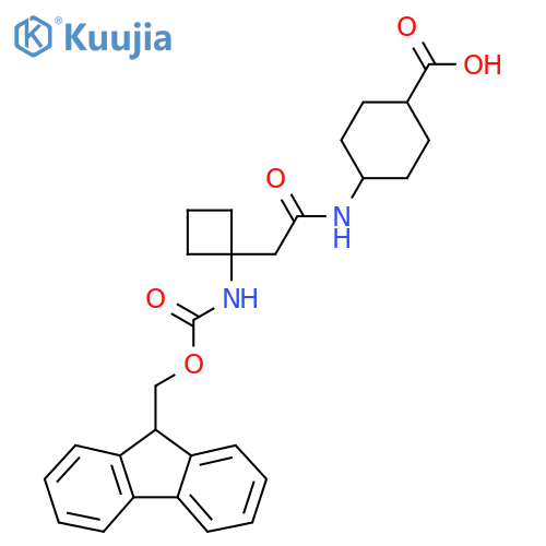 4-{2-1-({(9H-fluoren-9-yl)methoxycarbonyl}amino)cyclobutylacetamido}cyclohexane-1-carboxylic acid structure