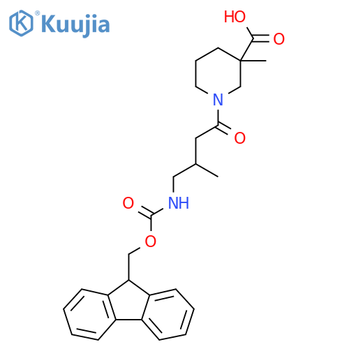 1-4-({(9H-fluoren-9-yl)methoxycarbonyl}amino)-3-methylbutanoyl-3-methylpiperidine-3-carboxylic acid structure