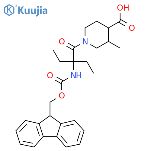 1-2-ethyl-2-({(9H-fluoren-9-yl)methoxycarbonyl}amino)butanoyl-3-methylpiperidine-4-carboxylic acid structure