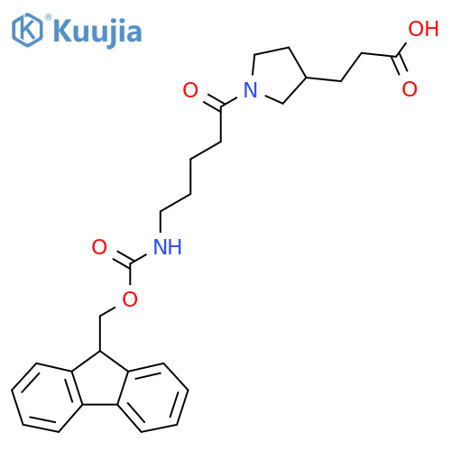 3-{1-5-({(9H-fluoren-9-yl)methoxycarbonyl}amino)pentanoylpyrrolidin-3-yl}propanoic acid structure