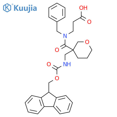 3-(N-benzyl-1-{3-({(9H-fluoren-9-yl)methoxycarbonyl}amino)methyloxan-3-yl}formamido)propanoic acid structure