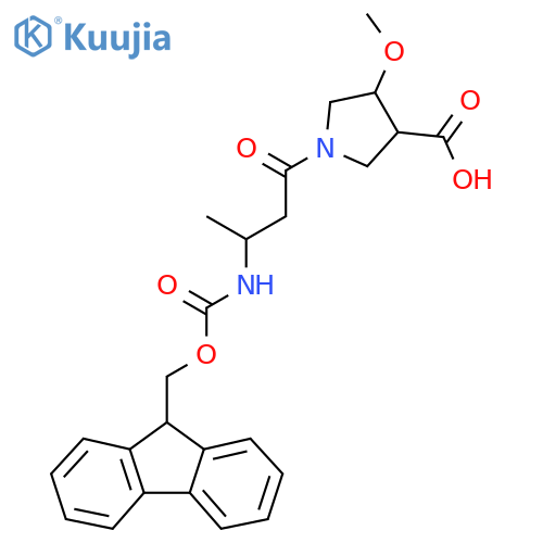 1-3-({(9H-fluoren-9-yl)methoxycarbonyl}amino)butanoyl-4-methoxypyrrolidine-3-carboxylic acid structure
