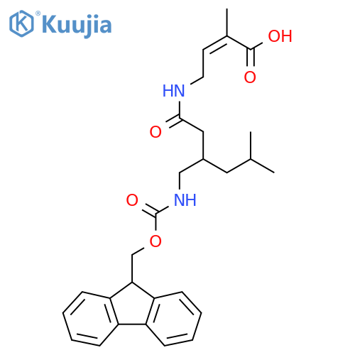4-{3-({(9H-fluoren-9-yl)methoxycarbonyl}amino)methyl-5-methylhexanamido}-2-methylbut-2-enoic acid structure
