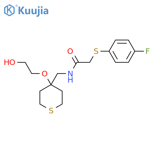 2-(4-fluorophenyl)sulfanyl-N-{4-(2-hydroxyethoxy)thian-4-ylmethyl}acetamide structure