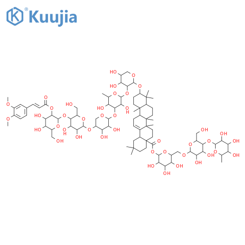 Olean-12-en-28-oic acid, 3-[[O-2-O-[(2E)-3-(3,4-dimethoxyphenyl)-1-oxo-2-propenyl]-β-D-glucopyranosyl-(1→4)-O-β-D-glucopyranosyl-(1→4)-O-β-D-ribopyranosyl-(1→3)-O-6-deoxy-α-L-mannopyranosyl-(1→2)-α-L-arabinopyranosyl]oxy]-, O-6-deoxy-α-L-mannopyranosyl-(1→4)-O-β-D-glucopyranosyl-(1→6)-β-D-glucopyran... structure