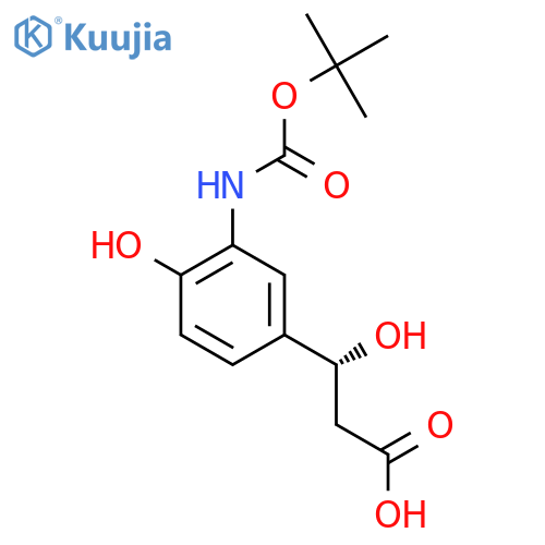 (3R)-3-(3-{(tert-butoxy)carbonylamino}-4-hydroxyphenyl)-3-hydroxypropanoic acid structure