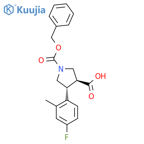 rac-(3R,4S)-1-(benzyloxy)carbonyl-4-(4-fluoro-2-methylphenyl)pyrrolidine-3-carboxylic acid structure