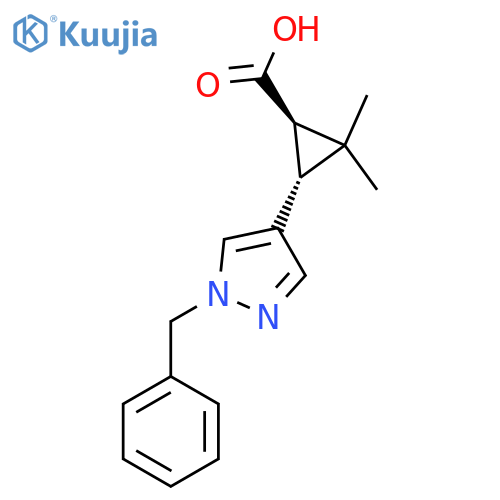 rac-(1R,3R)-3-(1-benzyl-1H-pyrazol-4-yl)-2,2-dimethylcyclopropane-1-carboxylic acid structure