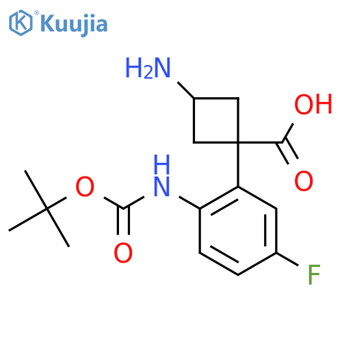 3-amino-1-(2-{(tert-butoxy)carbonylamino}-5-fluorophenyl)cyclobutane-1-carboxylic acid structure